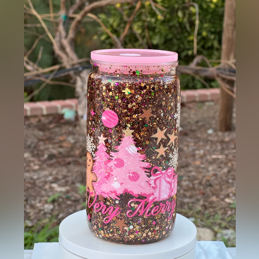 Very Merry gingerbread and pink Christmas trees snow globe tumbler 16oz
